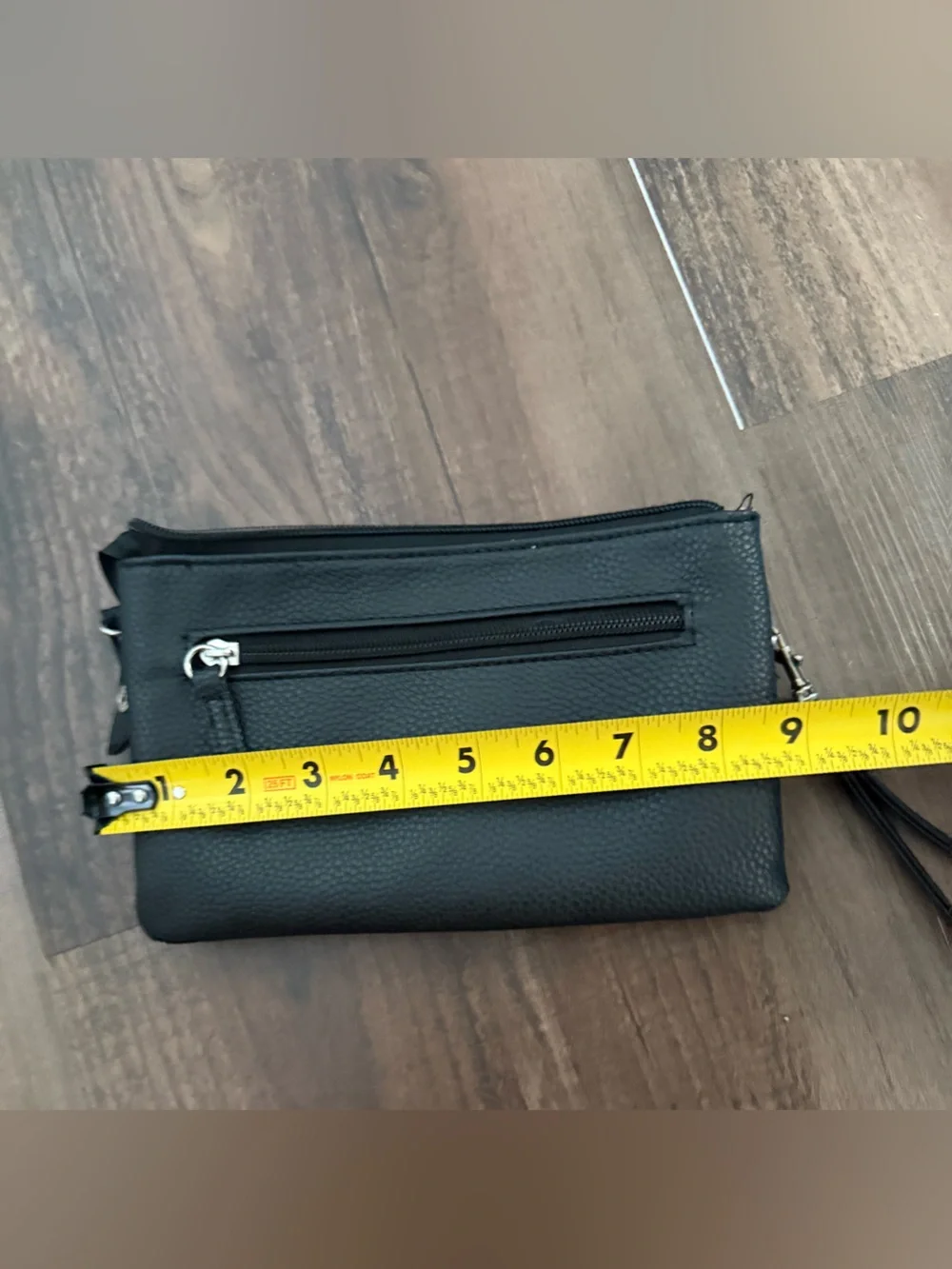 Black Pebbled Leather Wristlet Clutch with Logo Accent